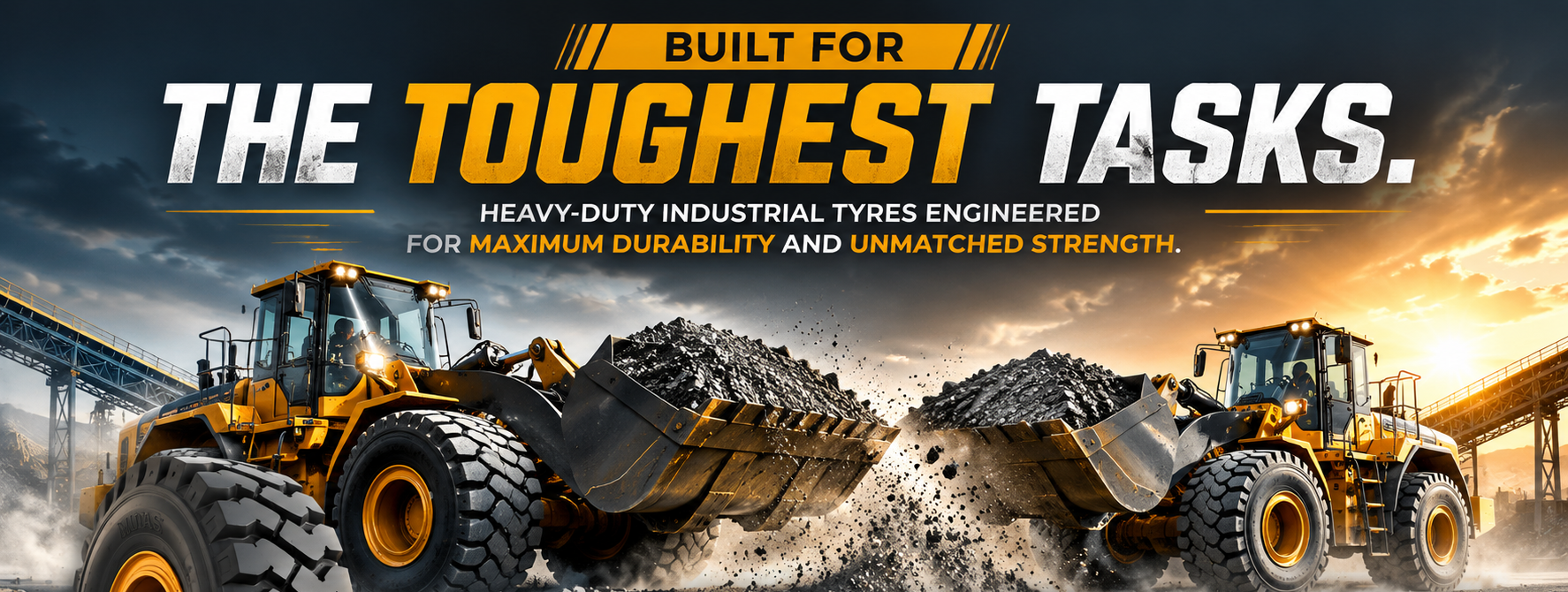 Heavy-duty industrial tyres for loaders, earthmovers, construction equipment and material handling vehicles engineered for maximum durability and traction.