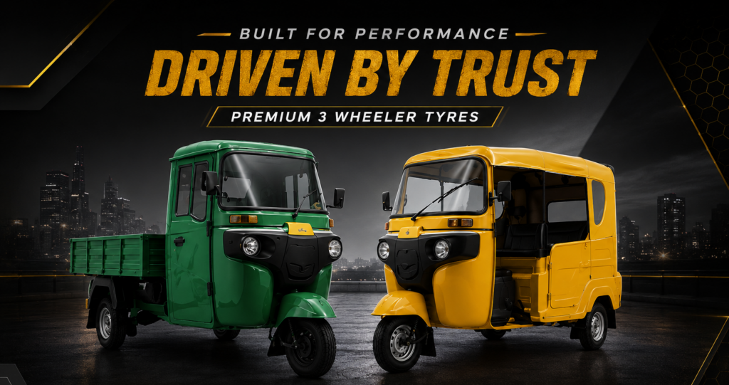 High-performance 3 wheeler tyres designed for passenger auto-rickshaws and cargo three-wheelers, offering durability, superior grip, fuel efficiency, and longer service life.